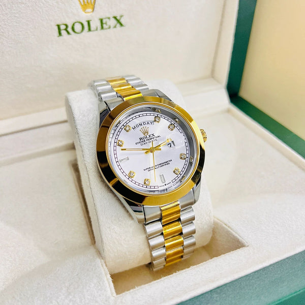 White Dial Day And Date Stainless Steel Mens Watch